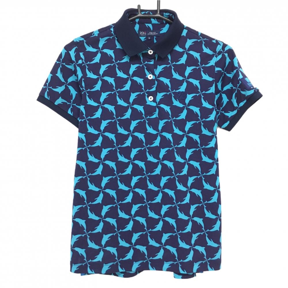 【超美品】23区ゴルフ 半袖ポロシャツ ネイビー×ライトブルー イルカ総柄 MANGILAO GOLF CLUB　 レディース II(L) ゴルフウェア 23区