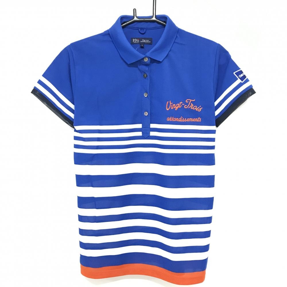 【超美品】23区ゴルフ 半袖ポロシャツ ブルー×白 パネルボーダー 袖口メッシュ切替 レディース I(M) ゴルフウェア 23区