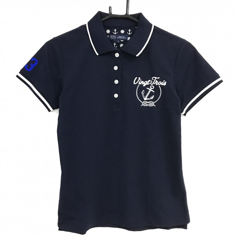 【超美品】23区ゴルフ 半袖ポロシャツ ネイビー×白 襟・袖口ライン レディース I(M) ゴルフウェア 23区