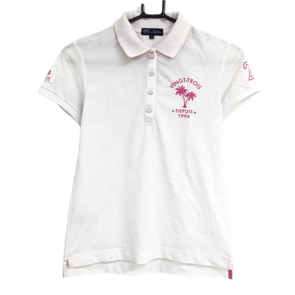 23区ゴルフ 半袖ポロシャツ 白×ピンク ヤシの木刺しゅう MANGILAO GOLFCLUB レディース 0(S) ゴルフウェア 23区