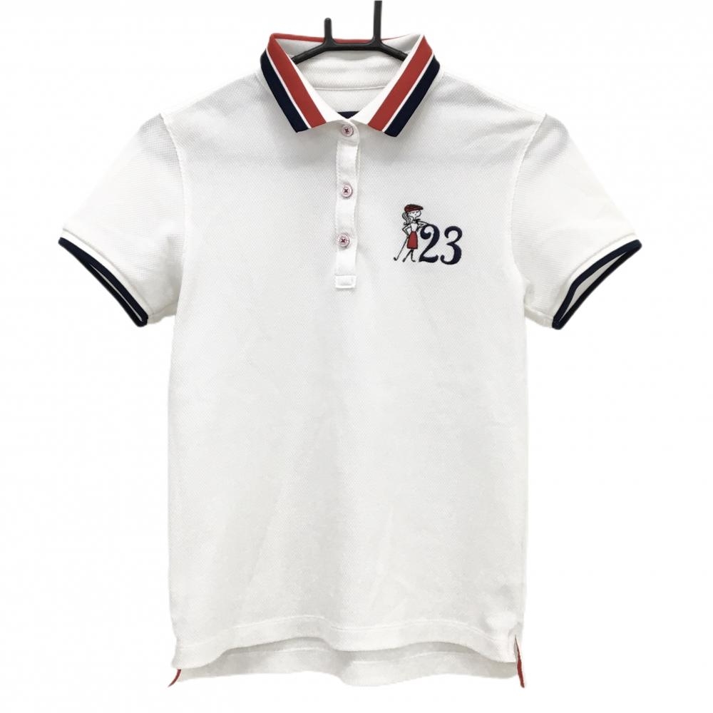 【美品】23区ゴルフ 半袖ポロシャツ 白×ネイビー×レッド 胸ロゴ刺しゅう レディース I(M) ゴルフウェア 23区