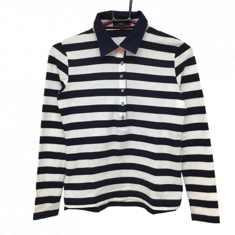 23区スポーツ 長袖ポロシャツ ネイビー×白 ボーダー 襟裏ロゴ  レディース I(M ) ゴルフウェア 23区