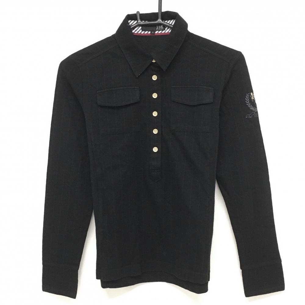 23区スポーツ 長袖ポロシャツ 黒 格子織生地 襟裏ボーダー 袖ロゴ刺しゅう 所々色褪せ レディース I(M) ゴルフウェア 23区