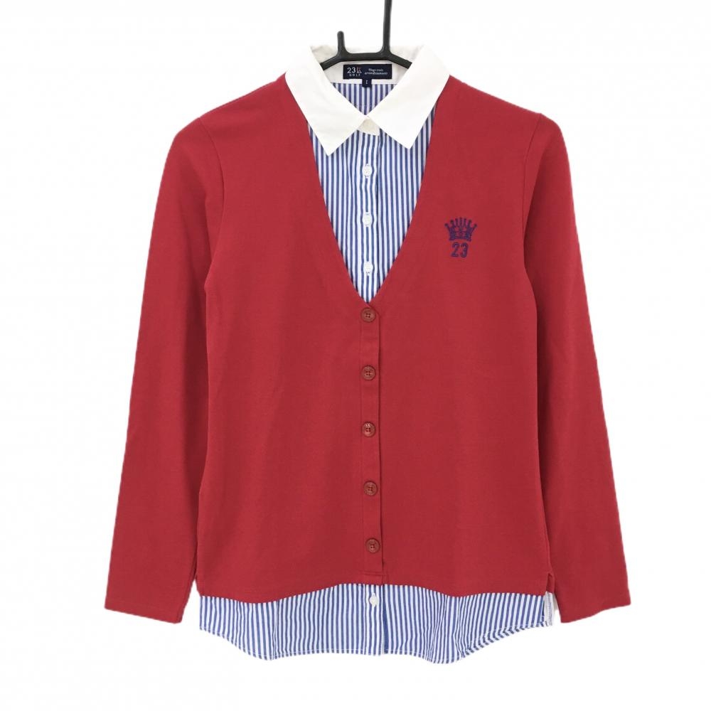 23区ゴルフ 長袖ポロシャツ レッド×白 レイヤード風 ストライプ レディース I(M) ゴルフウェア 23区