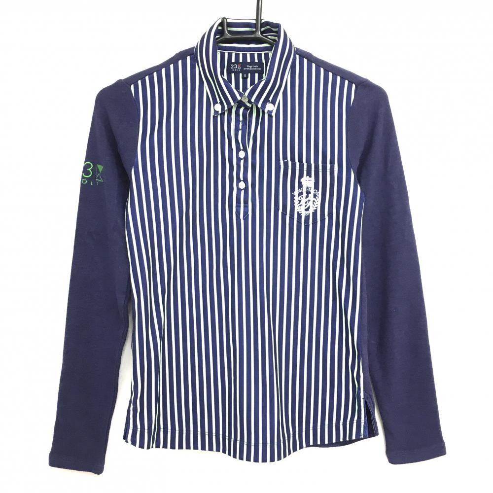 【美品】23区ゴルフ 長袖ポロシャツ ネイビー×ライトグリーン ストライプ 袖・背面微起毛  レディース 0(S) ゴルフウェア 23区