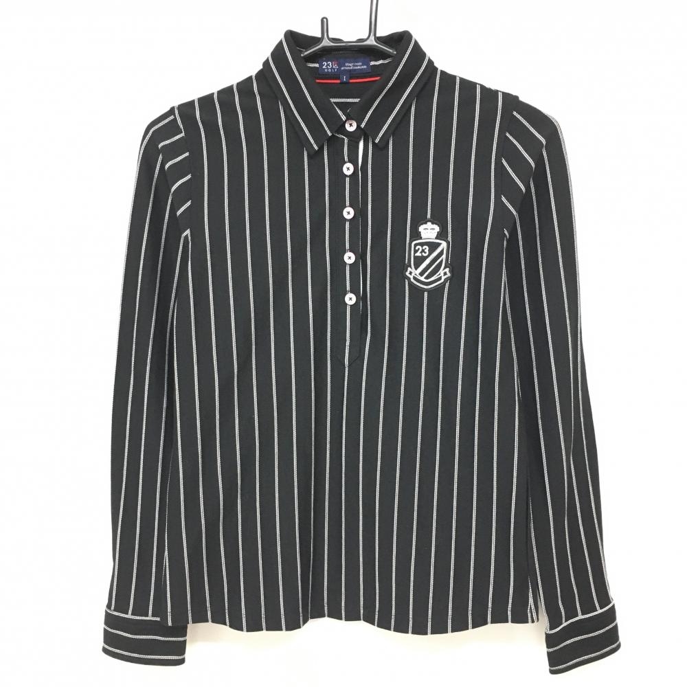 【超美品】23区ゴルフ 長袖ポロシャツ 黒×白 ストライプ ロゴワッペン レディース I(M) ゴルフウェア 23区