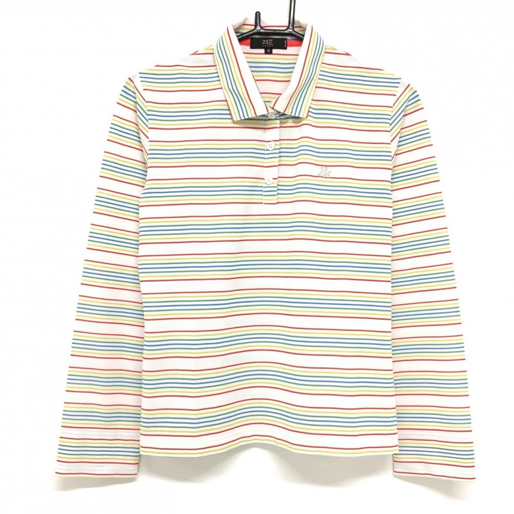 23区スポーツ 長袖ポロシャツ ライトピンク×マルチカラー ボーダー ロゴ刺しゅう レディース III(XL) ゴルフウェア 23区