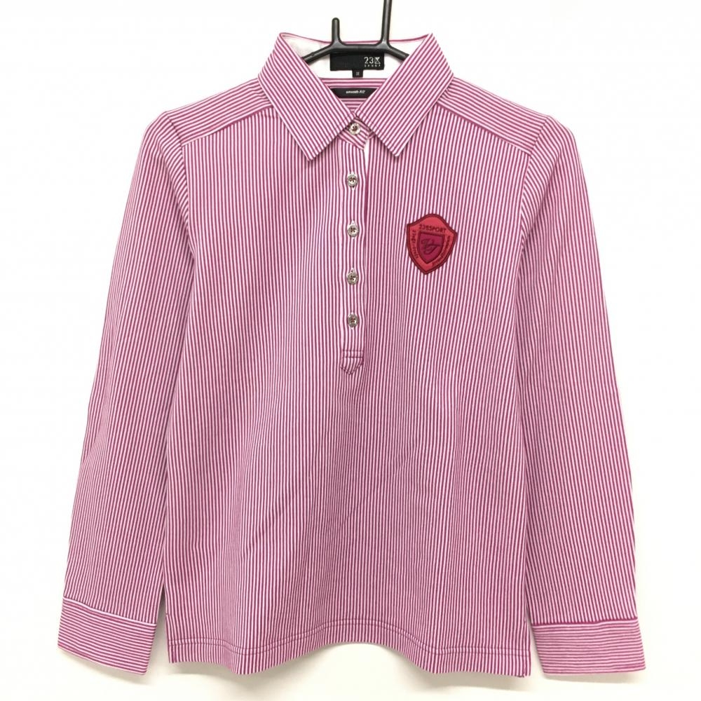 【超美品】23区スポーツ 長袖ポロシャツ ピンク×白 細ストライプ ワッペン  レディース Ⅱ(L) ゴルフウェア 23区