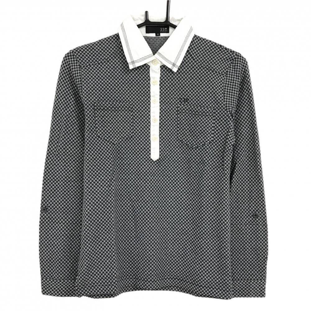 23区スポーツ 長袖ポロシャツ ダークネイビー×白 チェック 胸ポケット  レディース Ⅱ(L) ゴルフウェア 23区