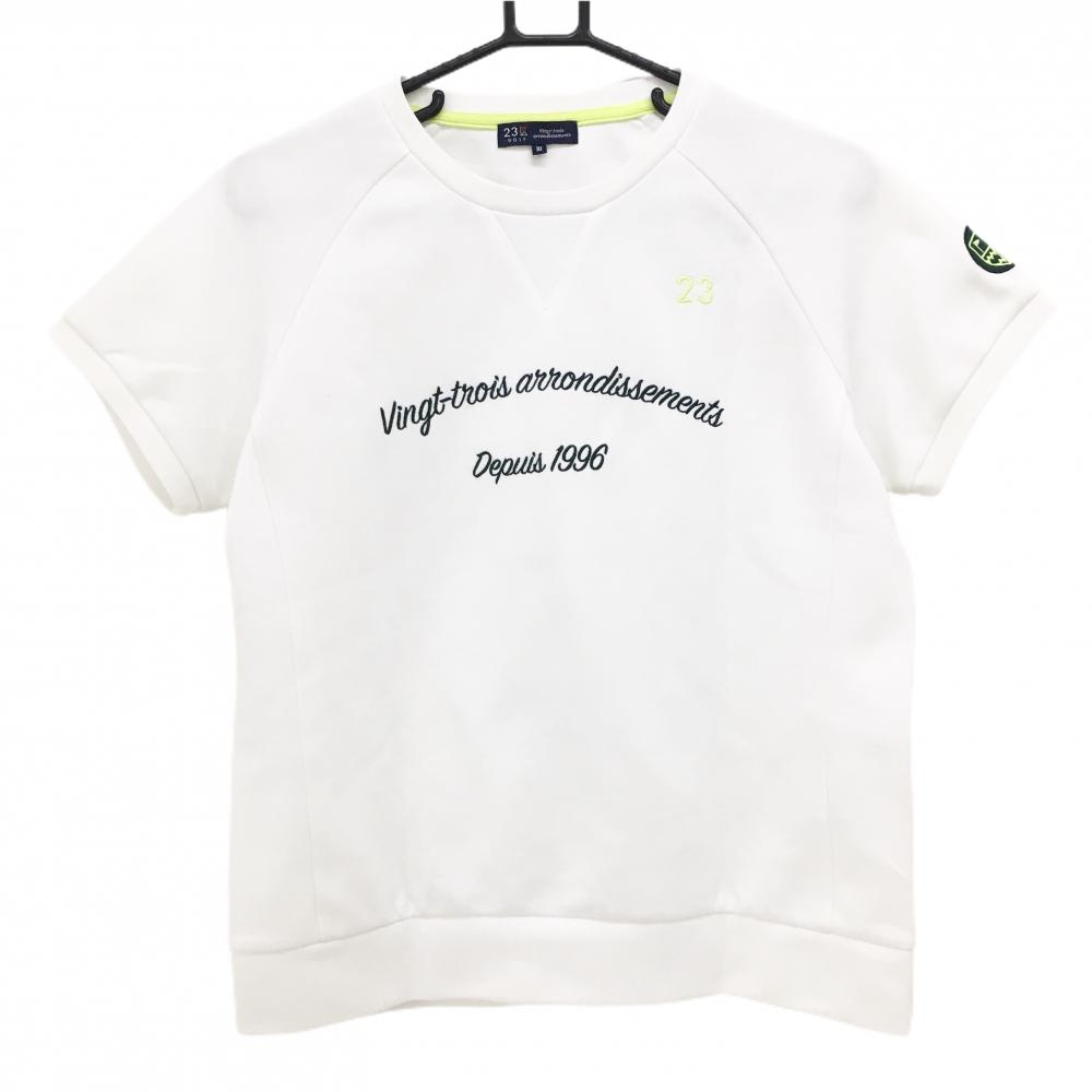 【美品】23区ゴルフ Tシャツ 白×グリーン フロント刺しゅう レディース III(XL) ゴルフウェア 23区