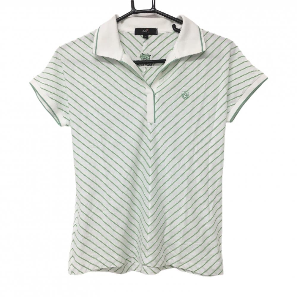 【美品】23区スポーツ 半袖スキッパーシャツ 白×ライトグリーン 斜めストライプ MANGILAO GOLF CLUB レディース Ⅱ(L) ゴルフウェア 23区