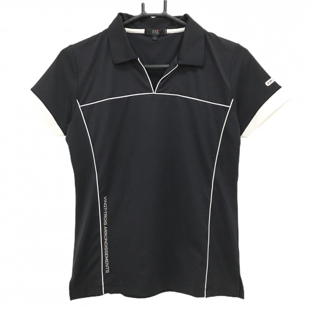 【美品】23区スポーツ 半袖スキッパーシャツ 黒×白 パイピング白 レディース 1(M) ゴルフウェア 23区