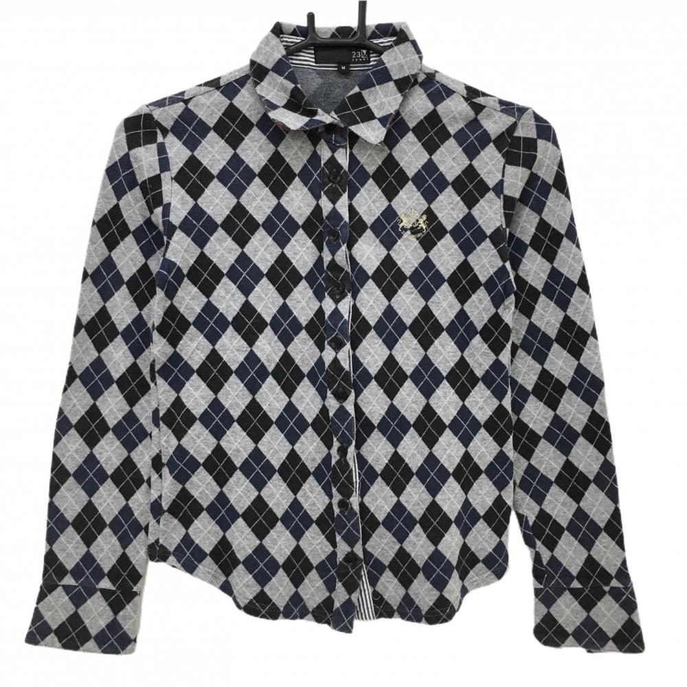 【超美品】23区スポーツ 長袖シャツ グレー×ネイビー×黒 アーガイル 微起毛 レディース M ゴルフウェア 23区