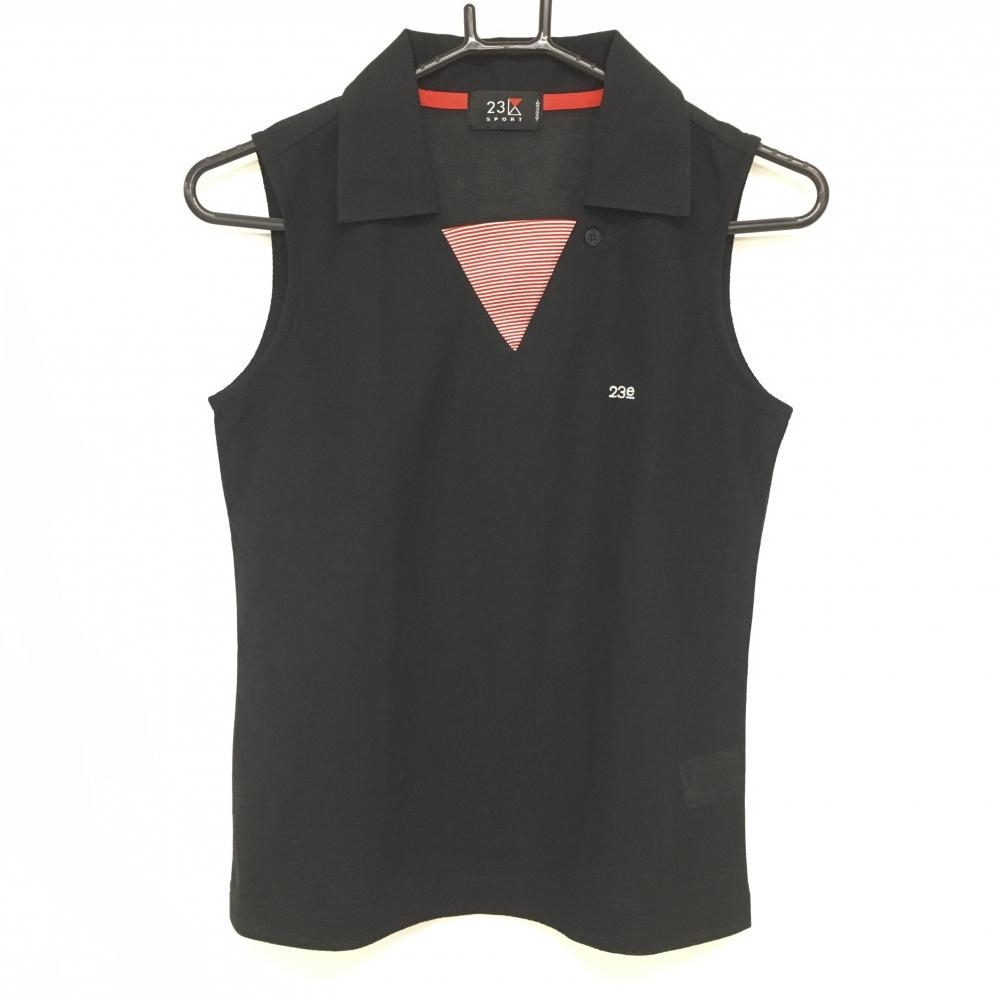 【超美品】23区スポーツ 襟付きノースリーブ 黒×レッド 胸元ボーダー レディース I(M) ゴルフウェア 23区