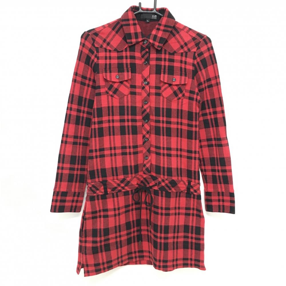 【美品】23区スポーツ ワンピース レッド×黒 チェック 微起毛 胸ポケット付 レディース M-L ゴルフウェア 23区