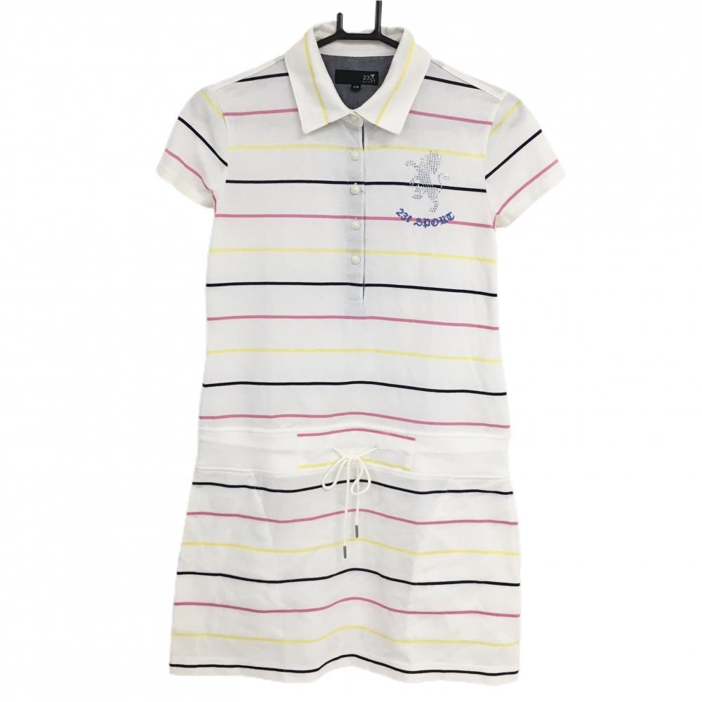 【超美品】23区スポーツ 半袖ポロワンピース 白 マルチカラーボーダー ラインストーンロゴ レディース S-M ゴルフウェア 23区