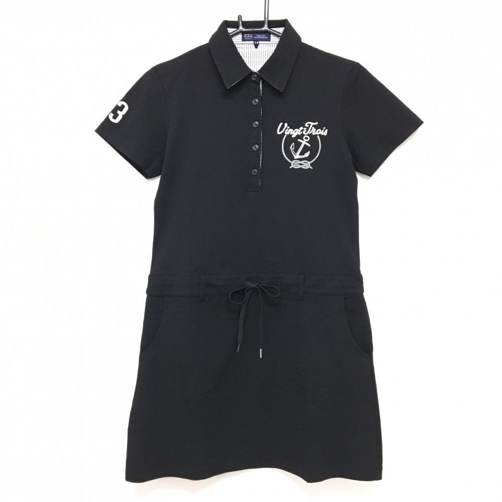 【超美品】23区ゴルフ 半袖ポロワンピース 黒 ロゴ ウエスト調節紐 レディース S-M ゴルフウェア 23区