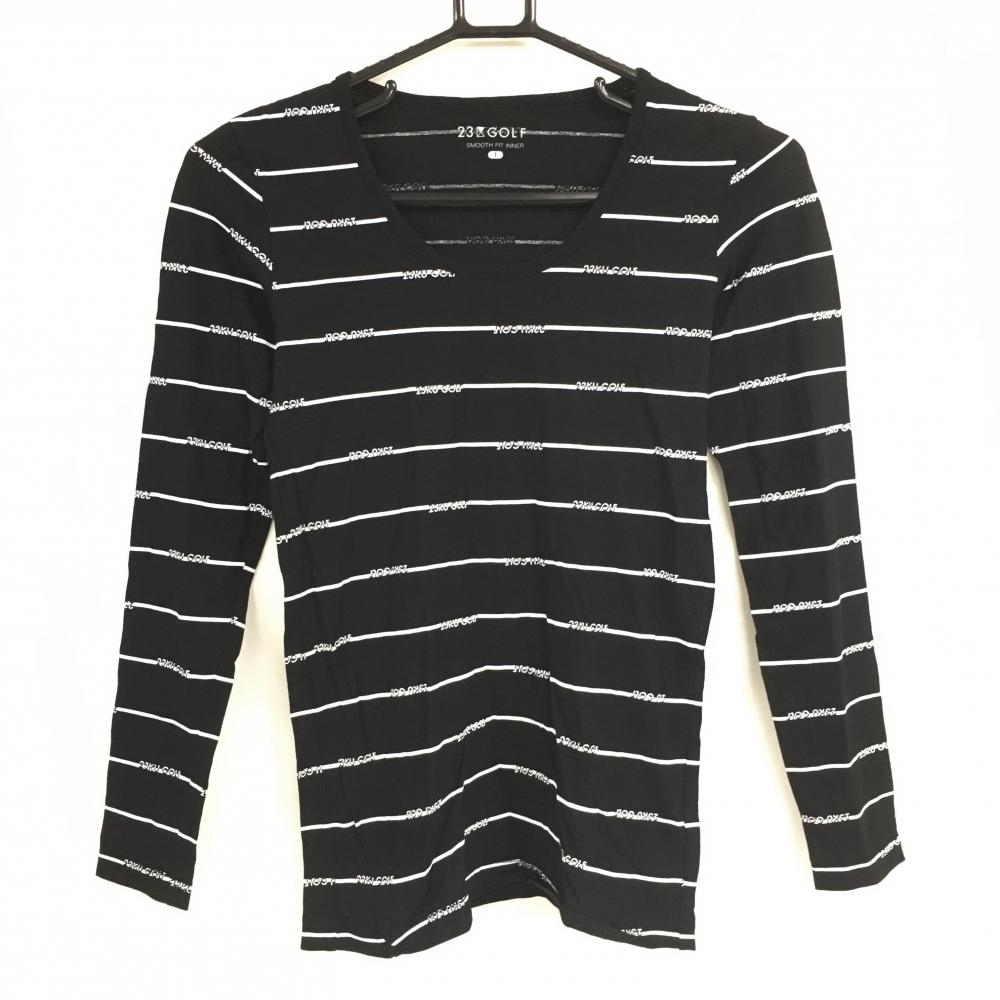 【超美品】23区ゴルフ インナーシャツ 黒×白 ロゴ×ボーダー レディース 1(M) ゴルフウェア 23区