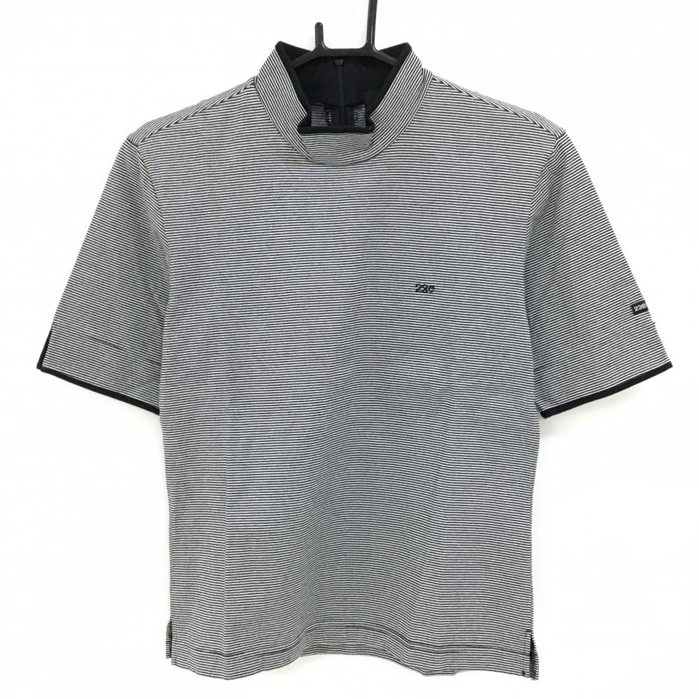 【美品】23区スポーツ 半袖ハイネックシャツ 黒×白 ボーダー柄 ロゴ刺しゅう 後ろハーフジップ レディース M ゴルフウェア 23区