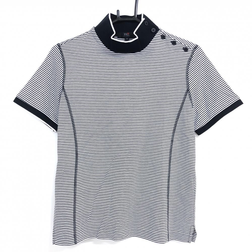 【新品】23区スポーツ 半袖ハイネックシャツ 白×黒 ボーダー 肩ボタン レディース II(L) ゴルフウェア 23区