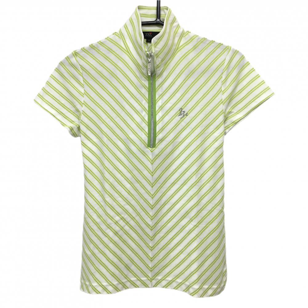 【美品】23区スポーツ 半袖ハイネックシャツ 白×ライトグリーン 斜めストライプ ハーフジップ レディース I(M) ゴルフウェア 23区