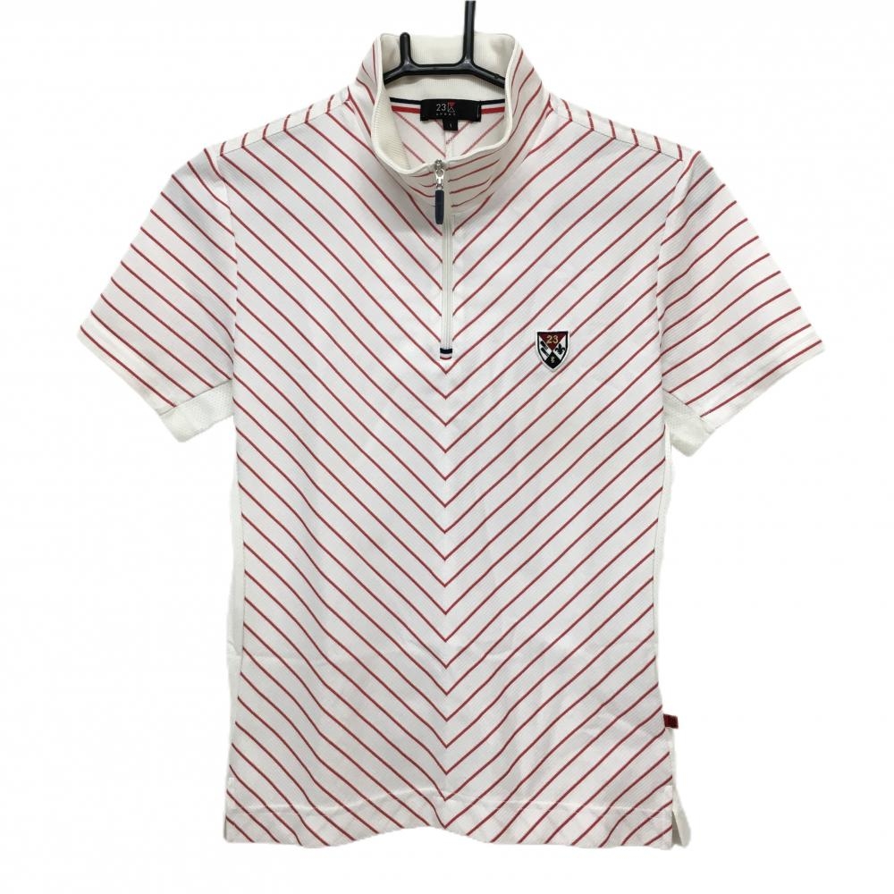 【超美品】23区スポーツ 半袖ハイネックシャツ 白×ピンク 斜めストライプ サイドメッシュ  レディース I(M) ゴルフウェア 23区