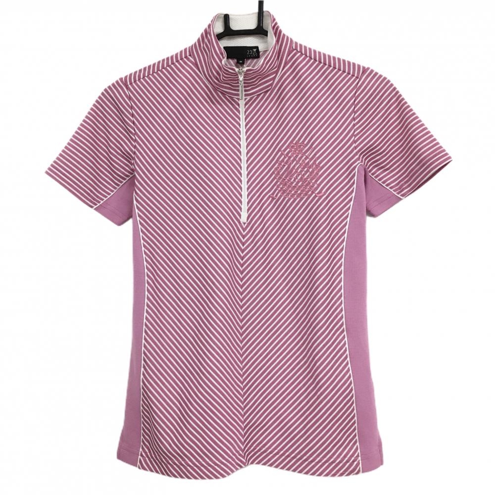 23区スポーツ 半袖ハイネックシャツ ピンク×白 斜めボーダー ハーフジップ  レディース M ゴルフウェア 23区