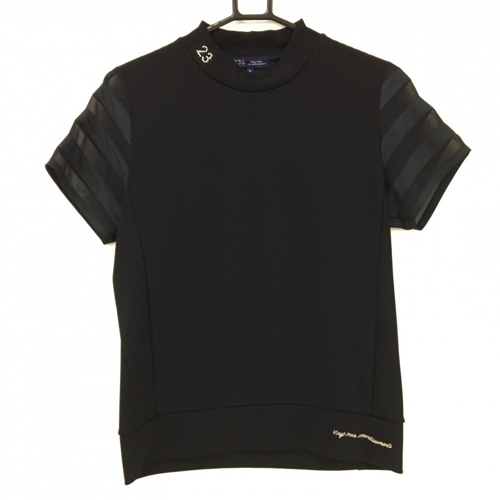 【超美品】23区ゴルフ 半袖ハイネックシャツ 黒 袖シアーボーダー ラインストーン レディース II(L) ゴルフウェア 23区