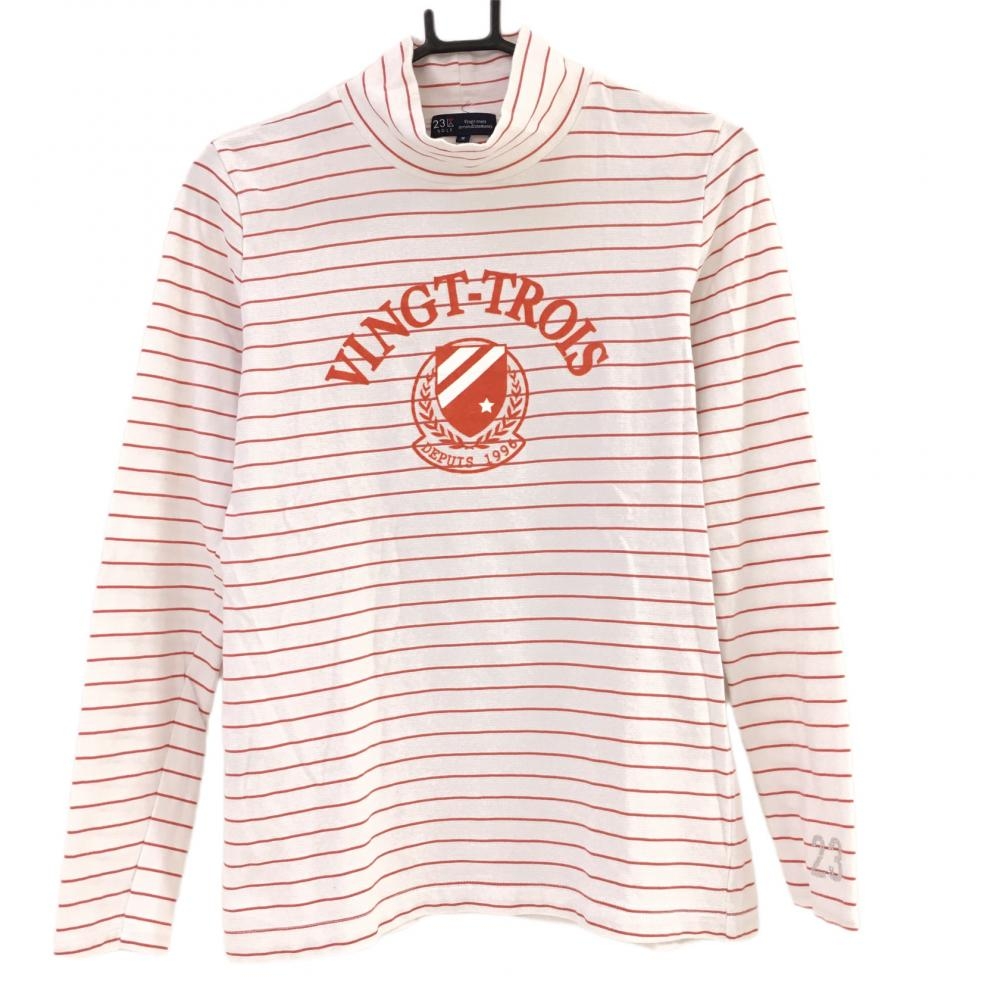 23区ゴルフ 長袖ハイネックシャツ 白×オレンジ ボーダー柄 袖ラインストーン コットン混  レディース II(L) ゴルフウェア 23区