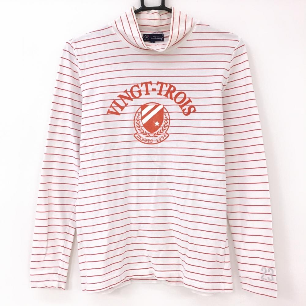 23区 長袖ハイネックシャツ 白×オレンジ ボーダー柄 総柄  レディース II(L) ゴルフウェア 23区