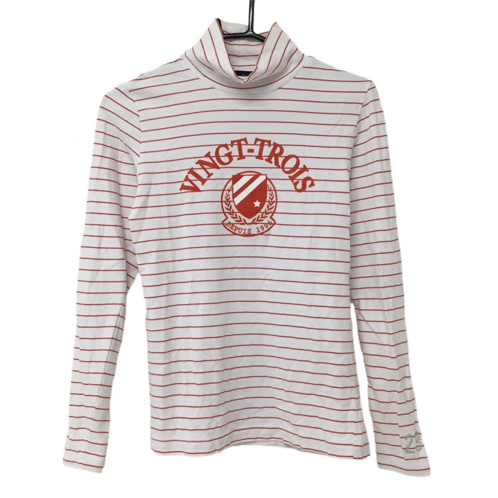 【美品】23区ゴルフ 長袖ハイネックシャツ 白×オレンジレッド ボーダー柄 レディース I(M) ゴルフウェア 23区
