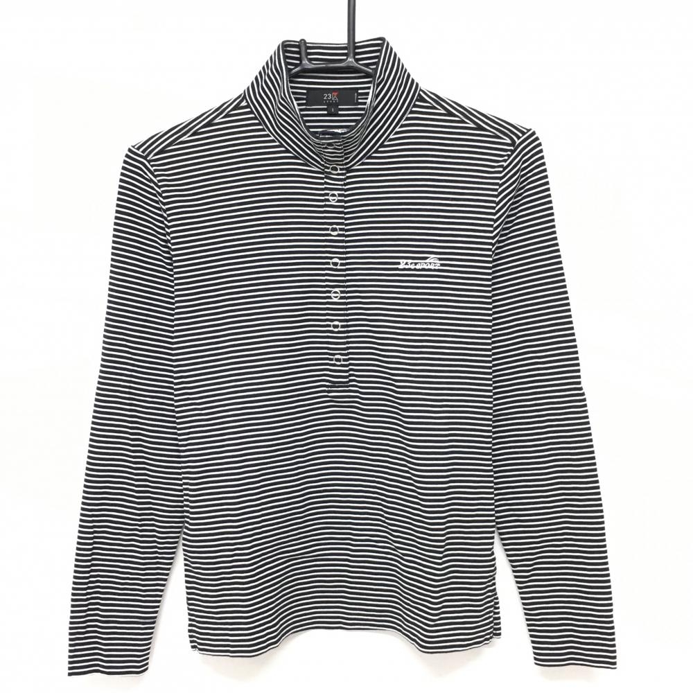 【美品】23区スポーツ 長袖ハイネックシャツ 黒×白 ボーダー スナップボタン ロゴ刺しゅう レディース I(M) ゴルフウェア 23区