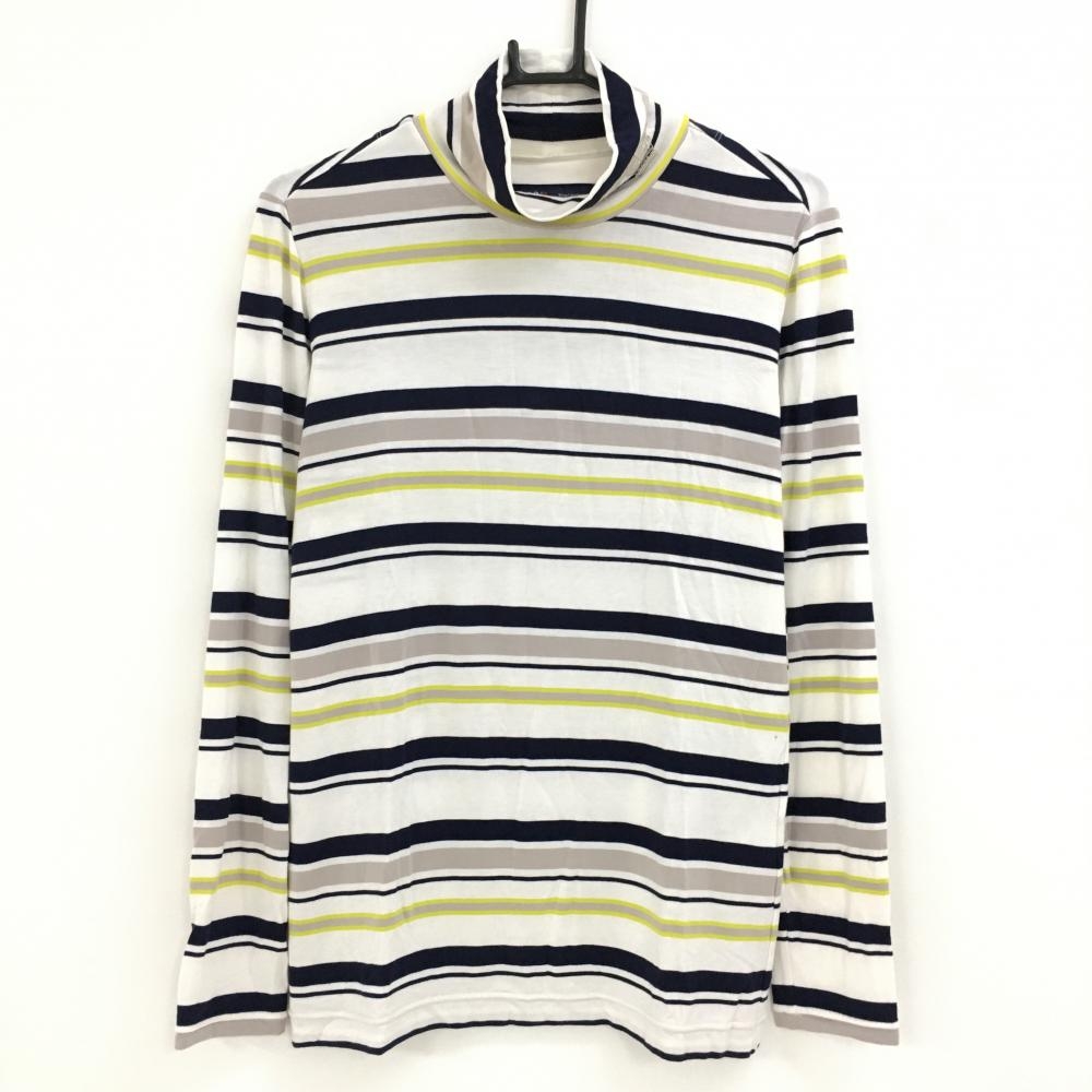 23区ゴルフ 長袖ハイネックシャツ 白×ネイビー ボーダー ネック刺しゅう レディース II(L) ゴルフウェア 23区