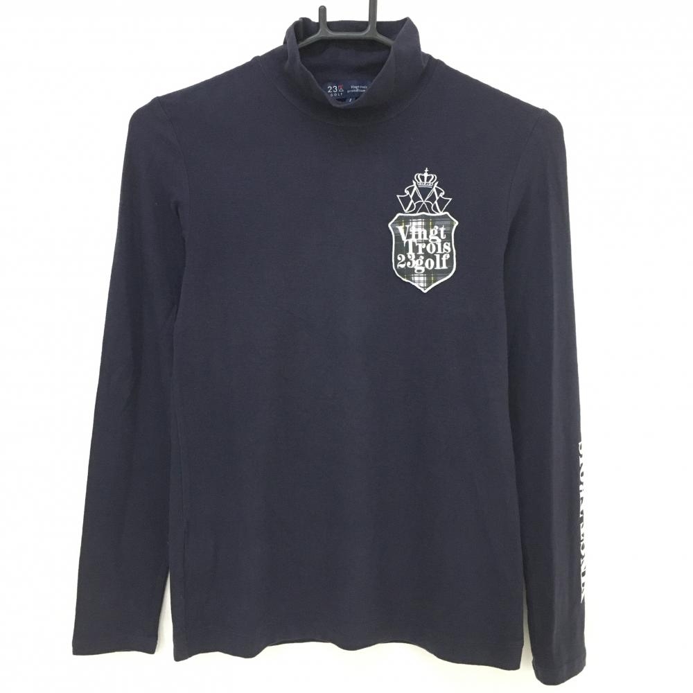 23区ゴルフ 長袖ハイネックシャツ ネイビー×白 表微起毛 ワッペン 袖ロゴプリント レディース I(M) ゴルフウェア 23区