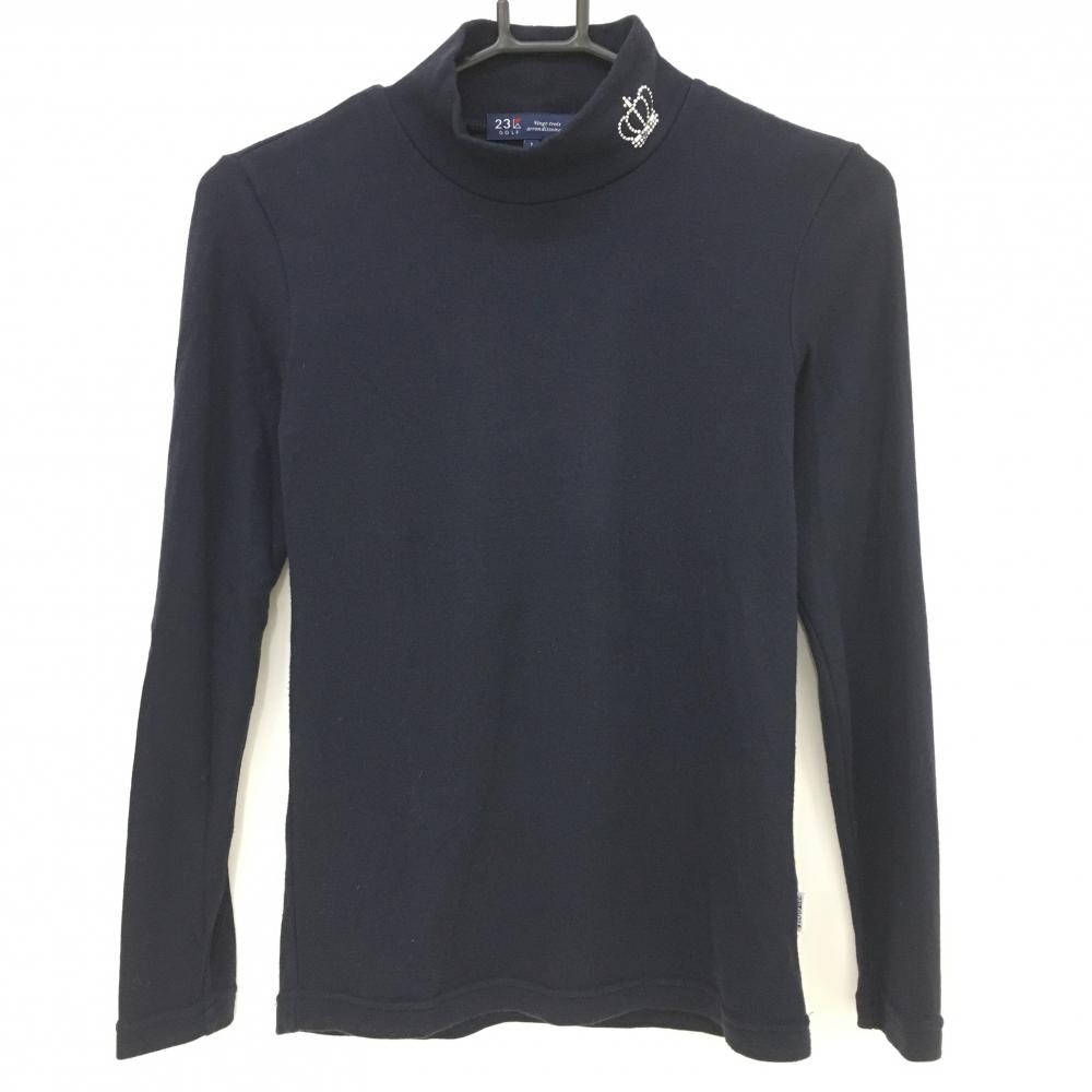 【美品】23区ゴルフ 長袖ハイネックシャツ ネイビー ラインストーン 起毛 レディース I(M) ゴルフウェア 23区
