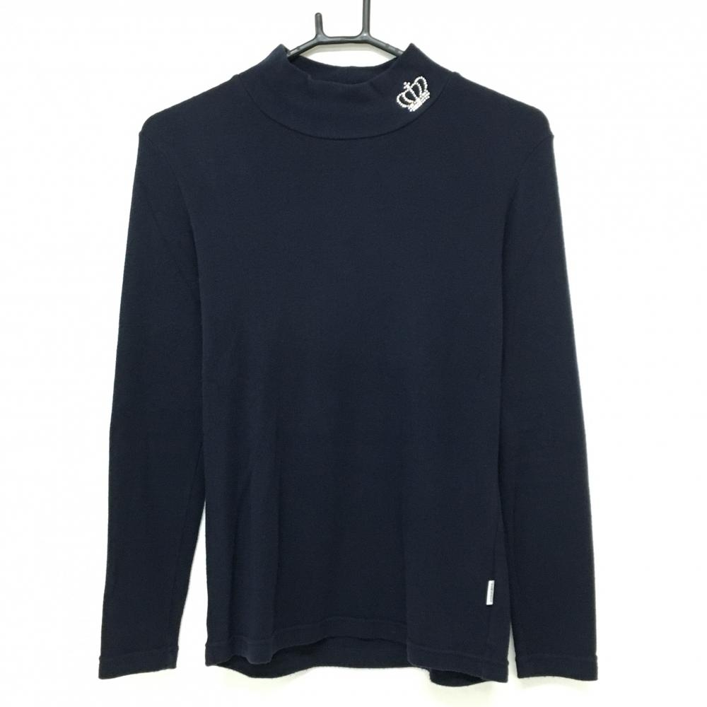 23区ゴルフ 長袖ハイネックシャツ ネイビー ネックラインストン 裏起毛 レディース II(L) ゴルフウェア 23区