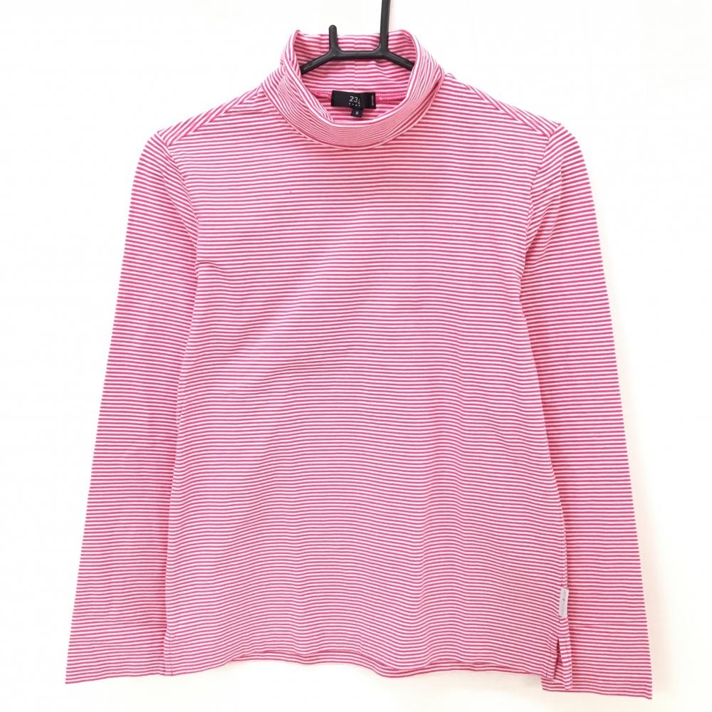 【超美品】23区ゴルフ 長袖タートルネックシャツ ピンク×白 ボーダー レディース II(L) ゴルフウェア 23区