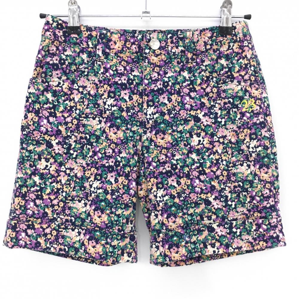 【美品】23区スポーツ ショートパンツ ネイビー×パープル 花柄 ロゴ刺しゅう レディース 61(S) ゴルフウェア 23区