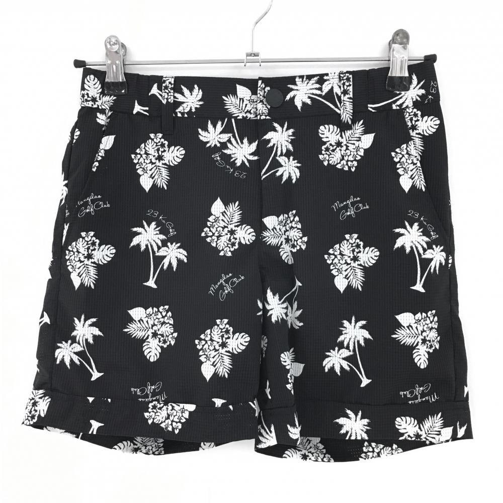 【超美品】23区ゴルフ ショートパンツ 黒×白 花柄 ヤシの木柄 メッシュ生地 裏地付 レディース 0(S) ゴルフウェア 23区
