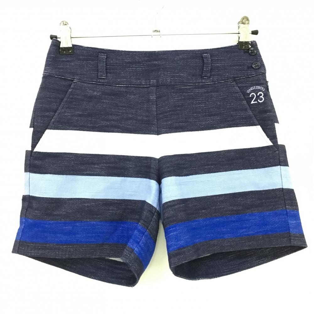 【美品】23区ゴルフ ショートパンツ ネイビー×白×ブルー ボーダー 裏地付き  レディース 58(XS) ゴルフウェア 23区