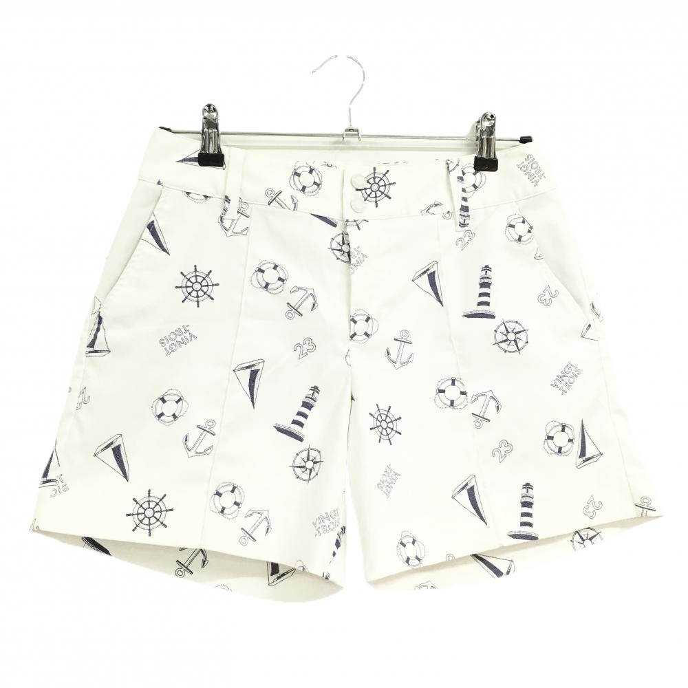 23区ゴルフ ショートパンツ 白×ネイビー 総柄 イカリ ヨット  レディース 67(L) ゴルフウェア 23区
