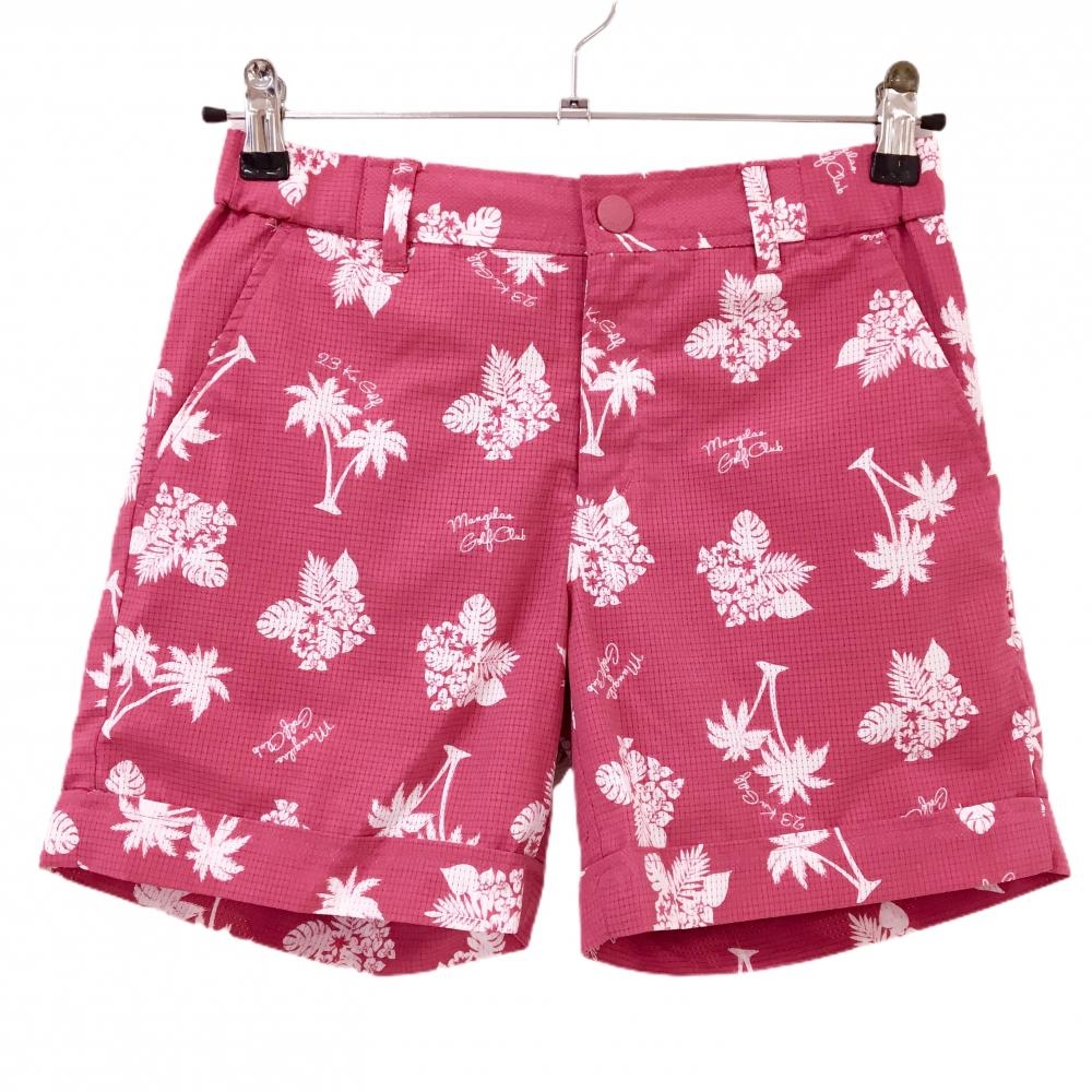 【超美品】23区ゴルフ ショートパンツ ピンク×白 総柄 ヤシの木 リーフ メッシュ調 ウエストゴム レディース 0(S) ゴルフウェア 23区