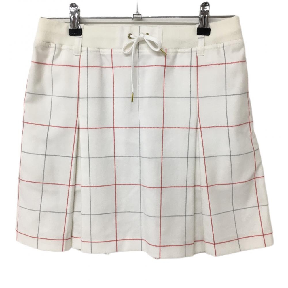 23区ゴルフ スカート 白×レッド チェック柄 プリーツ ウエストゴム 調節紐 レディース I(M) ゴルフウェア 23区