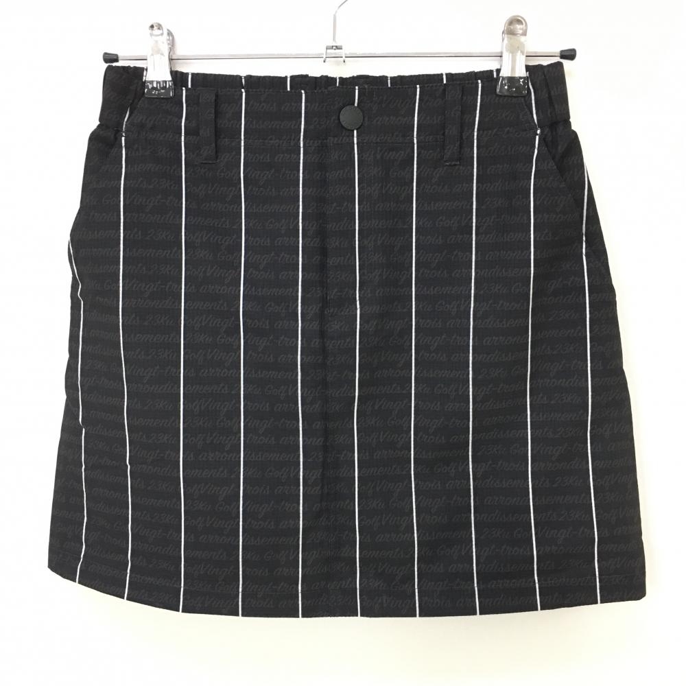 【超美品】23区ゴルフ スカート 黒×白 ストライプ 英字総柄 サッカー生地 レディース I(M) ゴルフウェア 23区