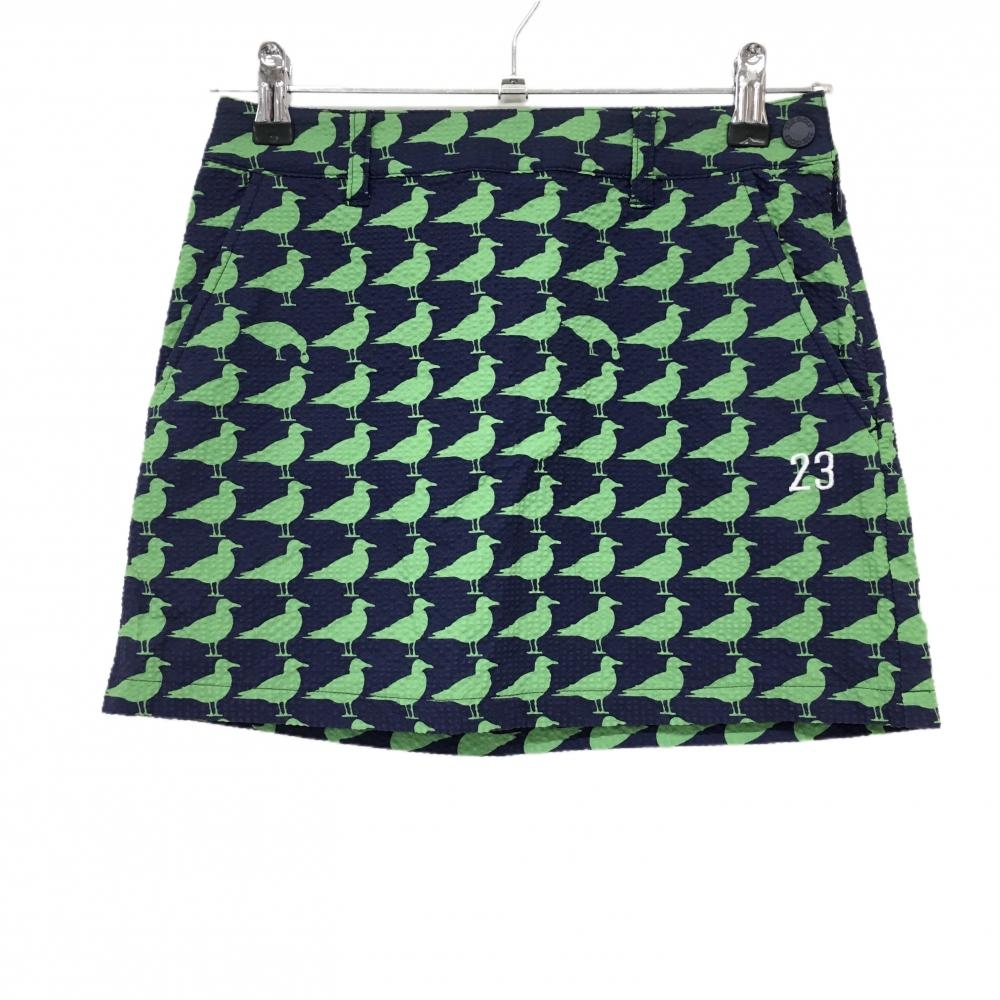 【美品】23区ゴルフ スカート ネイビー×グリーン 鳥柄 サッカー生地 レディース 58(XS) ゴルフウェア 23区