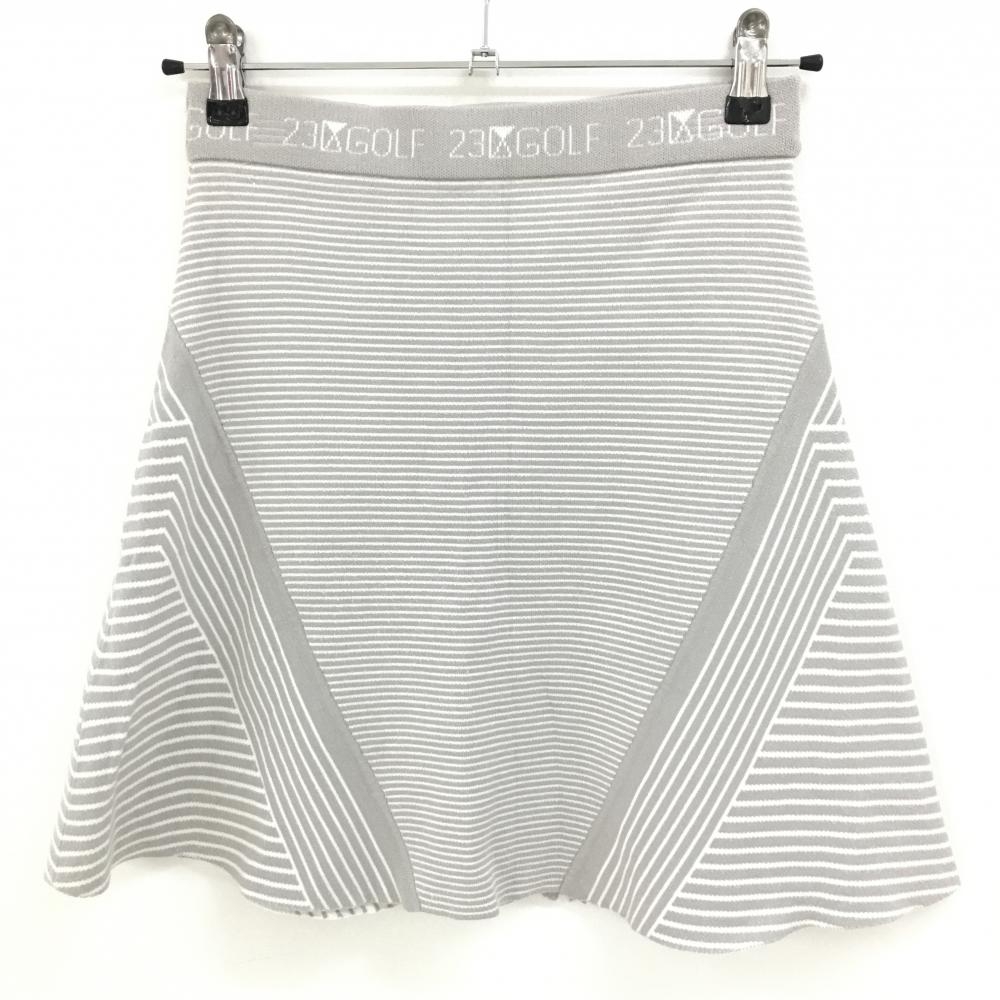23区ゴルフ ニットスカート ライトグレー×白 ボーダー風 ウエストゴム  レディース S-M ゴルフウェア 23区