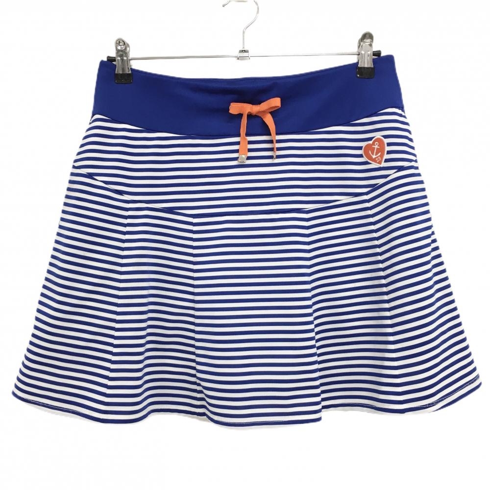 23区ゴルフ スカート ブルー×白 ボーダー ウエストゴム＆調節紐 ヤシの木プリント  レディース II(L) ゴルフウェア 23区