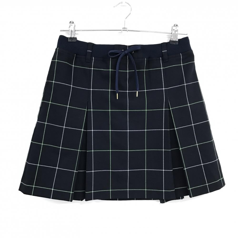 【超美品】23区ゴルフ スカート 黒×白 格子柄 ボックスプリーツ バックロゴ ウエストゴム 調節紐 レディース I(M) ゴルフウェア 23区