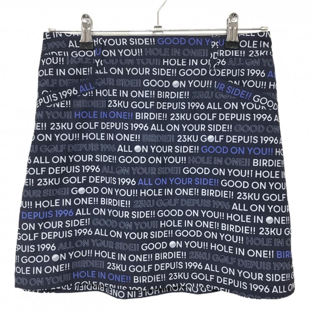 【超美品】23区ゴルフ スカート ネイビー×白 英字総柄 メッシュ調織生地 ウエスト後ろゴム レディース II ゴルフウェア 23区