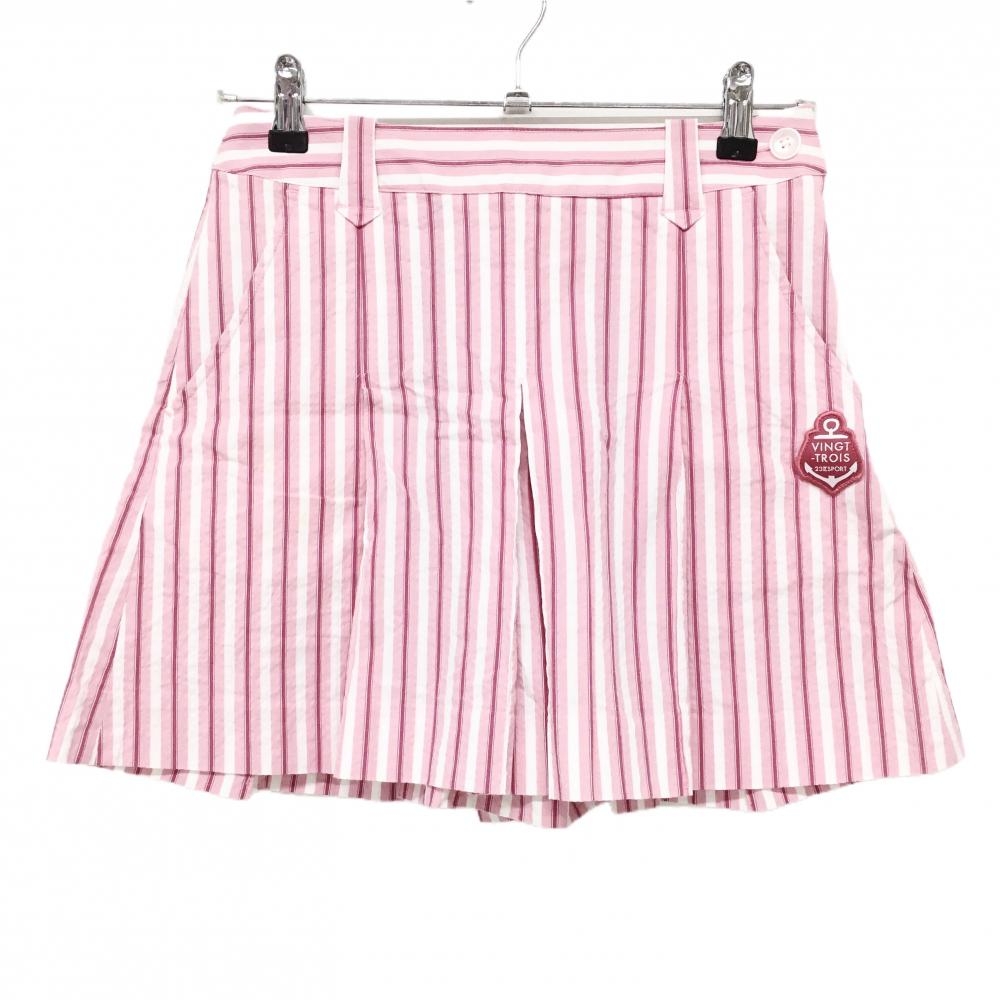 【超美品】23区スポーツ キュロットスカート ライトピンク×白 ストライプ サッカー生地  レディース 58 ゴルフウェア 23区